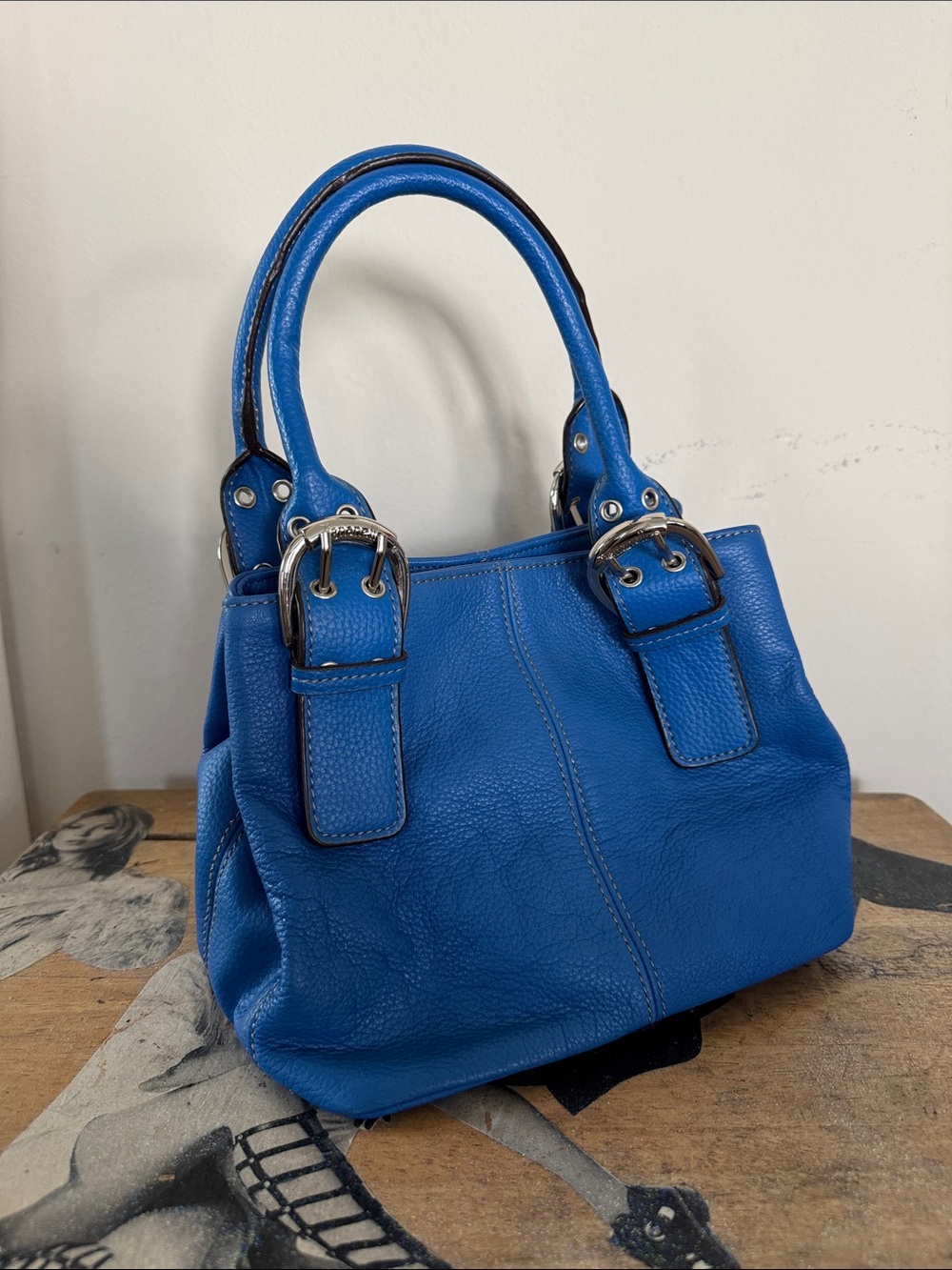 Tignanello Electric Blue Pebbled Leather Shoulder Bag